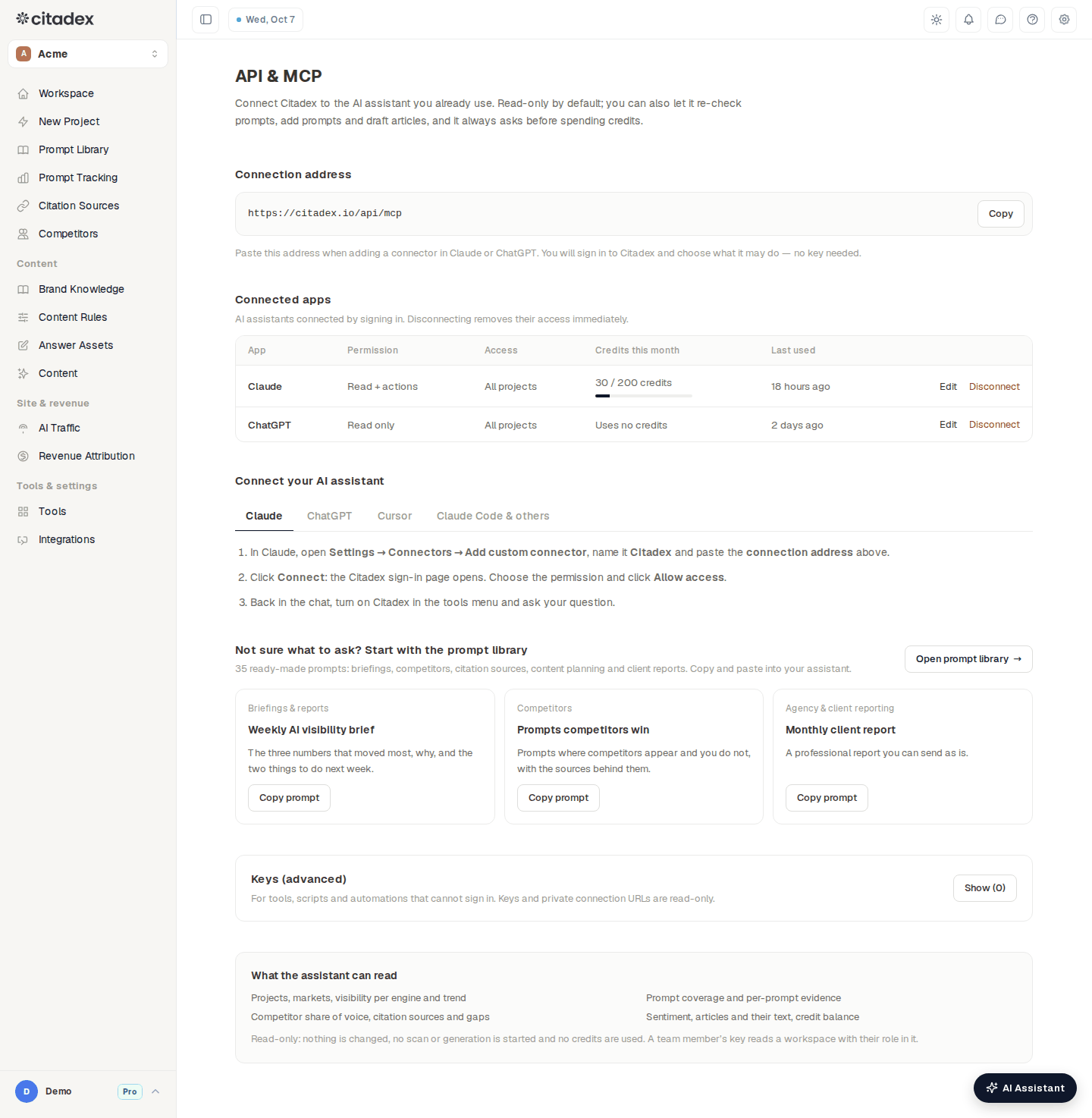 Settings → API & MCP: connection address, connected apps, connection steps