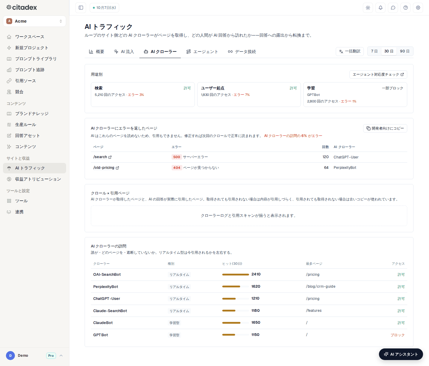AI トラフィック → AI クローラー：用途別