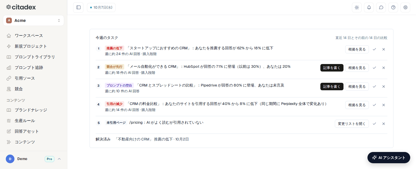 ワークスペースの「今週のタスク」カード